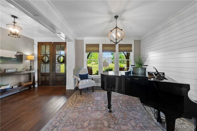 3397 Manor Oaks Dr, Powhatan, VA 23139 - living area featuring a chandelier, french doors, wood-type flooring, crown molding, and an office area