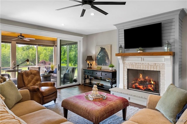 3397 Manor Oaks Dr, Powhatan, VA 23139 - living area featuring ceiling fan, wood finished floors, recessed lighting, and a brick fireplace