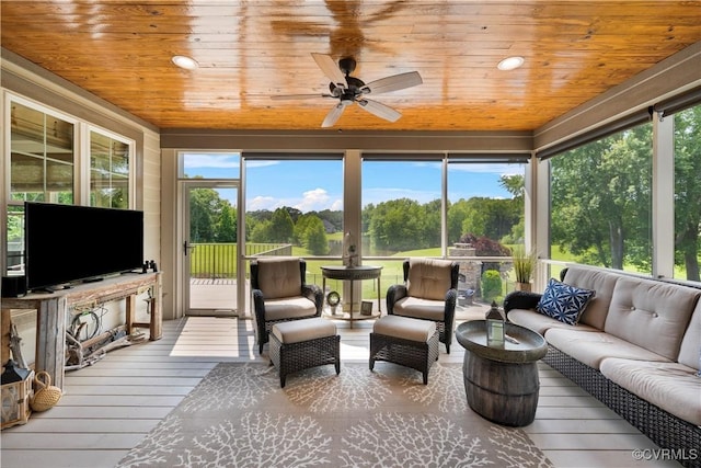3397 Manor Oaks Dr, Powhatan, VA 23139 - sunroom / solarium with outdoor lounge area, wooden ceiling, ceiling fan, hardwood / wood-style floors, and recessed lighting