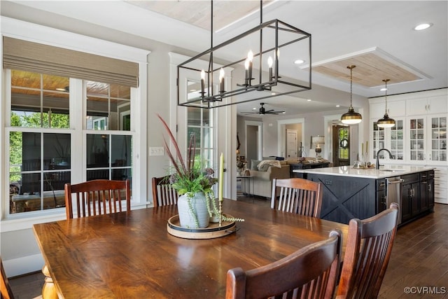 3397 Manor Oaks Dr, Powhatan, VA 23139 - dining area with a chandelier, dark wood-style flooring, a ceiling fan, and recessed lighting