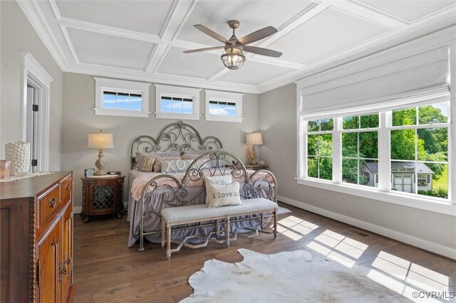 3397 Manor Oaks Dr, Powhatan, VA 23139 - bedroom with coffered ceiling, multiple windows, hardwood / wood-style flooring, ceiling fan, and ornamental molding