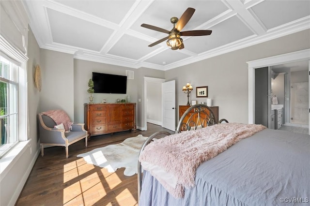 3397 Manor Oaks Dr, Powhatan, VA 23139 - bedroom with coffered ceiling, dark wood-style flooring, crown molding, a ceiling fan, and connected bathroom
