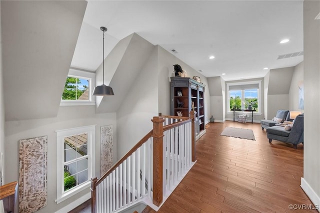 3397 Manor Oaks Dr, Powhatan, VA 23139 - hallway featuring an upstairs landing, wood finished floors, lofted ceiling, and recessed lighting