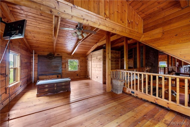 10 N River Ct, Cartersville, VA 23027 - additional living space featuring lofted ceiling, wood ceiling, wood walls, hardwood / wood-style floors, and a ceiling fan