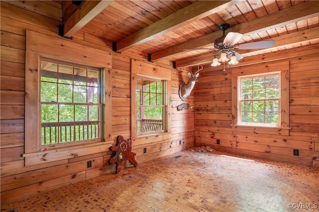 10 N River Ct, Cartersville, VA 23027 - unfurnished room with wood ceiling with exposed beams, wooden walls, ceiling fan, and hardwood / wood-style floors