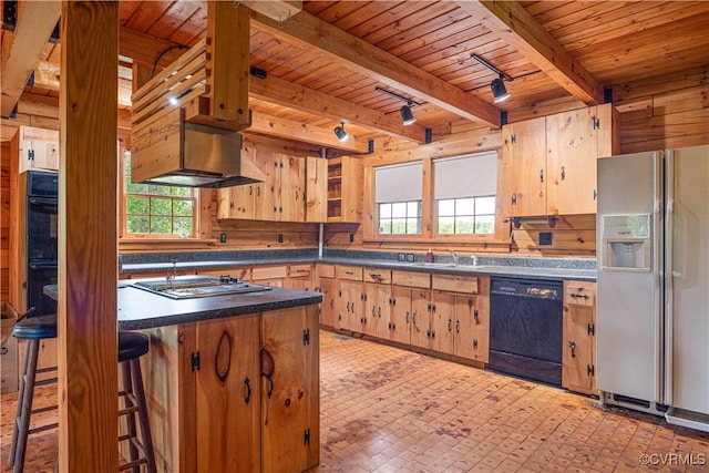 10 N River Ct, Cartersville, VA 23027 - kitchen featuring black appliances, wood ceiling with exposed beams, dark countertops, a sink, and a peninsula