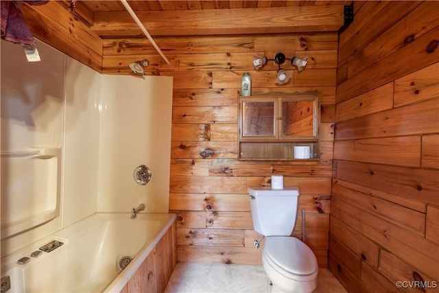 10 N River Ct, Cartersville, VA 23027 - bathroom featuring toilet, wood ceiling, bathtub / shower combination, and wooden walls