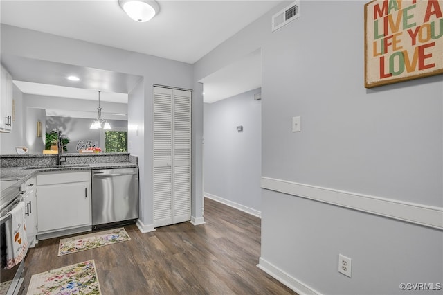 1417 Sycamore Mews Cir, Midlothian, VA 23113 - kitchen with appliances with stainless steel finishes, dark wood-type flooring, white cabinetry, pendant lighting, and light stone countertops