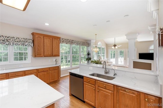 160 Walnut Ridge Dr, Stafford, VA 22556 - kitchen featuring stainless steel dishwasher, a sink, plenty of natural light, light wood-style floors, and recessed lighting
