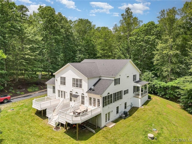 160 Walnut Ridge Dr, Stafford, VA 22556 - rear view of house with a shingled roof, a wooden deck, a yard, stairway, and french doors