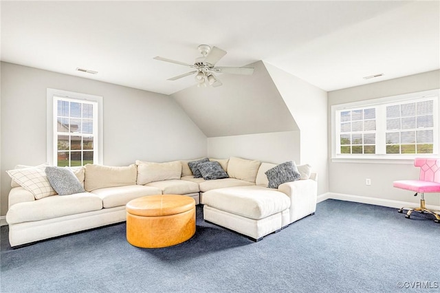 1905 Hope Meadow Way, Powhatan, VA 23139 - living area featuring carpet floors, plenty of natural light, baseboards, ceiling fan, and lofted ceiling