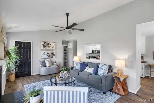 2505 Winston Ct, Glen Allen, VA 23060 - living room with wood finished floors, baseboards, ceiling fan, and high vaulted ceiling
