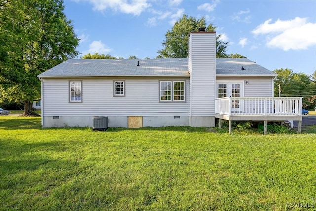 2505 Winston Ct, Glen Allen, VA 23060 - rear view of property featuring crawl space, a wooden deck, a lawn, a chimney, and a shingled roof