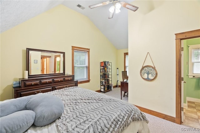 17 Brougham Rd, Fluvanna, VA 22963 - bedroom with carpet floors, baseboards, high vaulted ceiling, and ceiling fan