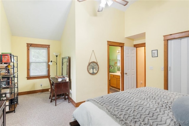 17 Brougham Rd, Fluvanna, VA 22963 - bedroom with high vaulted ceiling, light carpet, baseboards, and ceiling fan