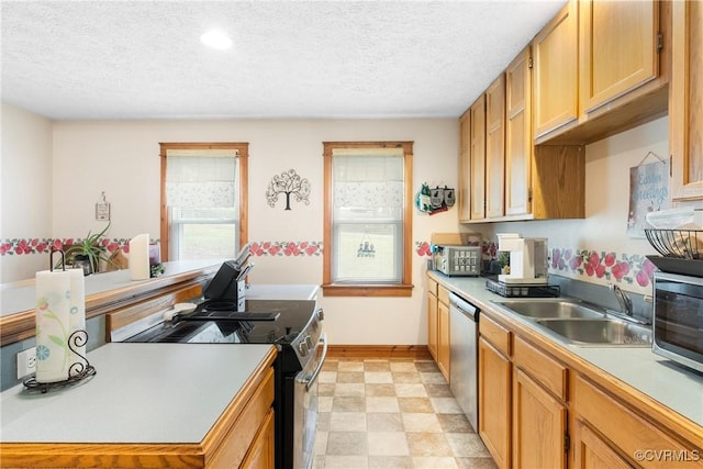 17 Brougham Rd, Fluvanna, VA 22963 - kitchen with stainless steel appliances, a sink, light countertops, a textured ceiling, and baseboards