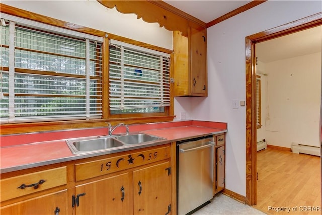 449 Martha Lee Dr, New Market, VA 23666 - kitchen featuring stainless steel dishwasher, a sink, baseboards, a baseboard heating unit, and light wood-type flooring