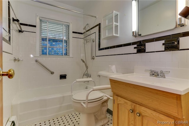449 Martha Lee Dr, New Market, VA 23666 - full bathroom featuring baseboard heating, toilet, shower / bathtub combination, vanity, and tile walls