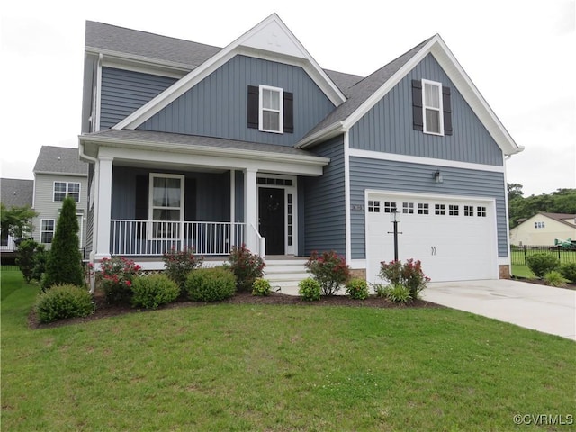 7617 Royal Crown Ct, Mechanicsville, VA 23116 - view of front facade featuring a garage, concrete driveway, a porch, and board and batten siding