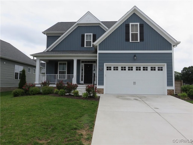 7617 Royal Crown Ct, Mechanicsville, VA 23116 - craftsman-style home with a front yard, covered porch, concrete driveway, an attached garage, and board and batten siding