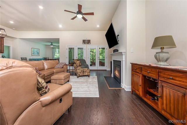 17231 Ivory Bill Ln, Chesterfield, VA 23838 - living area featuring a ceiling fan, a glass covered fireplace, dark wood finished floors, and recessed lighting