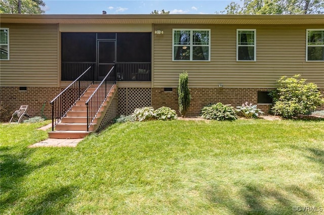 17231 Ivory Bill Ln, Chesterfield, VA 23838 - back of property with crawl space, a yard, a sunroom, and stairway