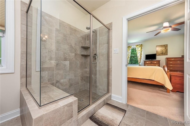17231 Ivory Bill Ln, Chesterfield, VA 23838 - ensuite bathroom featuring baseboards, a shower stall, tile patterned floors, and a ceiling fan