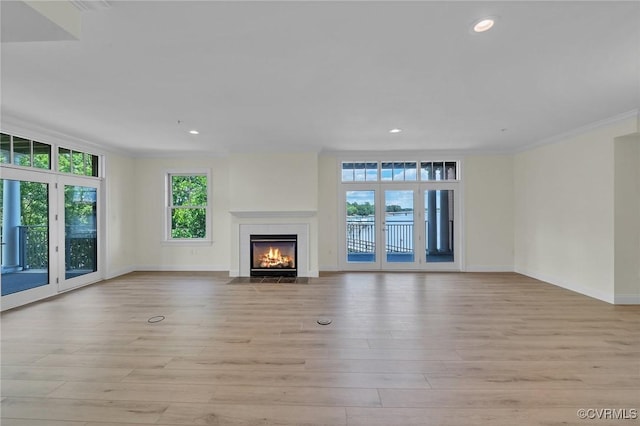 4250 Granby St Unit 105, Norfolk, VA 23504 - unfurnished living room featuring a fireplace with flush hearth, light wood finished floors, ornamental molding, baseboards, and recessed lighting
