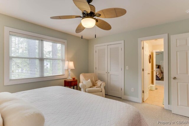 109 Vreeland Dr, Yorktown, VA 23692 - bedroom featuring baseboards, a closet, light colored carpet, and ceiling fan