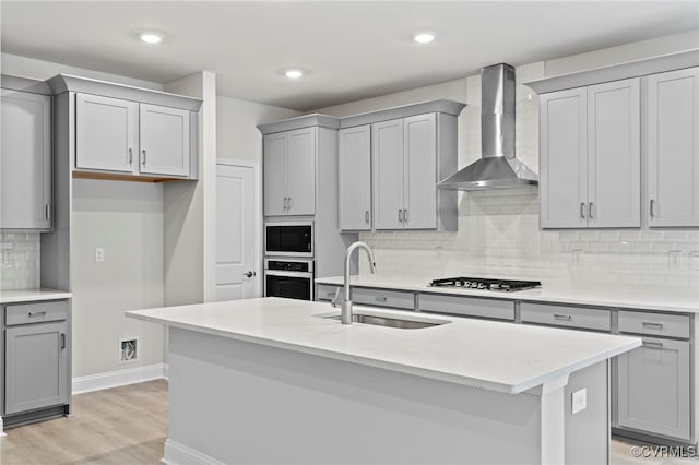16831 Barmer Rd, Chesterfield, VA 23838 - kitchen with wall chimney exhaust hood, a sink, appliances with stainless steel finishes, gray cabinetry, and decorative backsplash