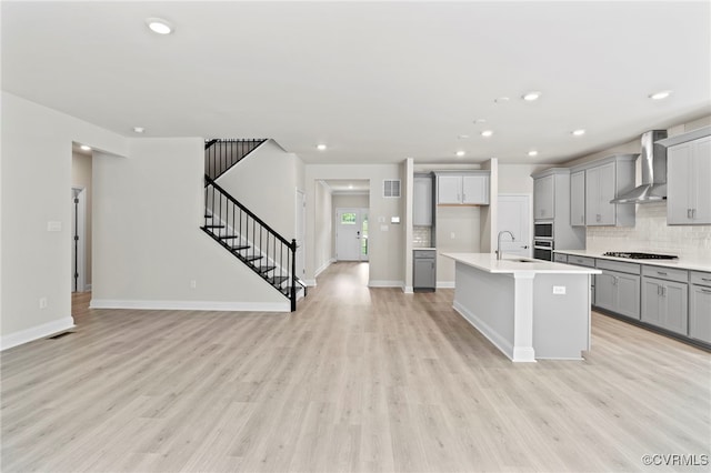 16831 Barmer Rd, Chesterfield, VA 23838 - kitchen with wall chimney exhaust hood, gray cabinets, a sink, gas cooktop, and backsplash