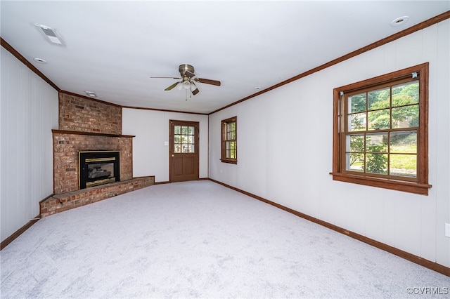 10216 Greglynn Rd, North Chesterfield, VA 23236 - unfurnished living room featuring crown molding, a ceiling fan, baseboards, carpet flooring, and a fireplace