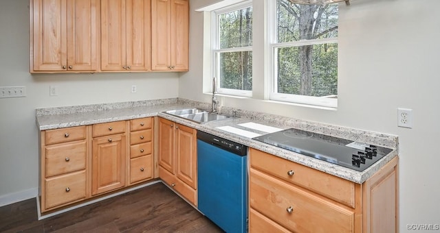 10486 Malboro Rd, Hanover, VA 23116 - kitchen with dishwashing machine, a sink, black electric stovetop, dark wood finished floors, and light countertops