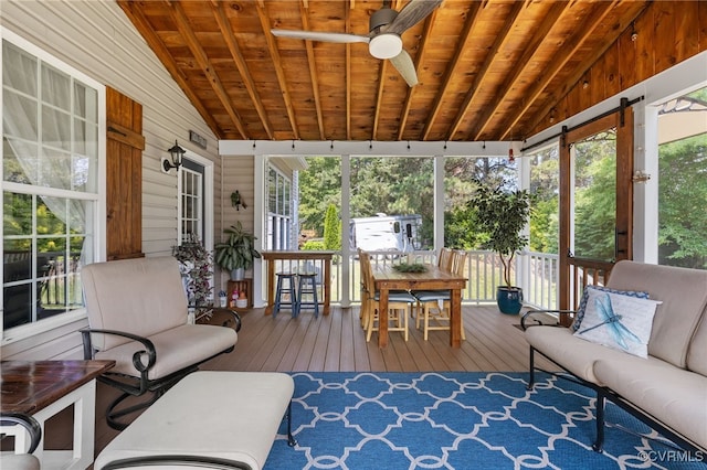 14300 Wallingham Loop, Midlothian, VA 23114 - sunroom / solarium featuring vaulted ceiling, wooden ceiling, hardwood / wood-style flooring, wooden walls, and a ceiling fan