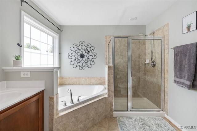 14300 Wallingham Loop, Midlothian, VA 23114 - bathroom featuring a garden tub, a stall shower, vanity, and tile patterned floors