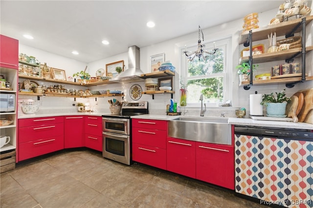 290 Circle Dr, Port Haywood, VA 23138 - kitchen with red cabinetry, range with two ovens, dishwasher, open shelves, and recessed lighting