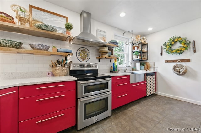 290 Circle Dr, Port Haywood, VA 23138 - kitchen featuring red cabinetry, open shelves, double oven range, wall chimney exhaust hood, and recessed lighting