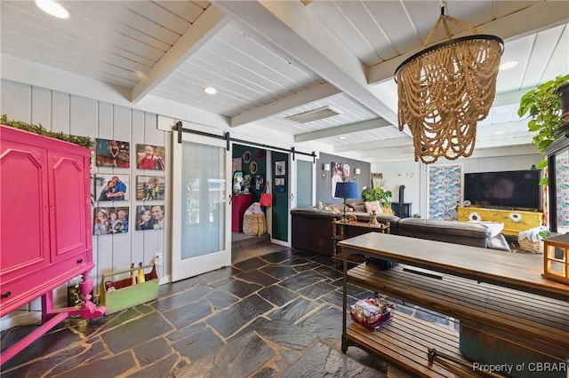 290 Circle Dr, Port Haywood, VA 23138 - reception area with a barn door, beamed ceiling, a chandelier, and recessed lighting
