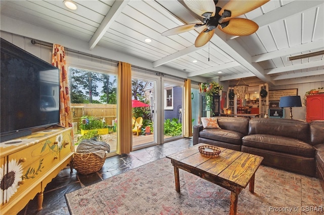 290 Circle Dr, Port Haywood, VA 23138 - living room featuring stone tile flooring, beamed ceiling, ceiling fan, and recessed lighting