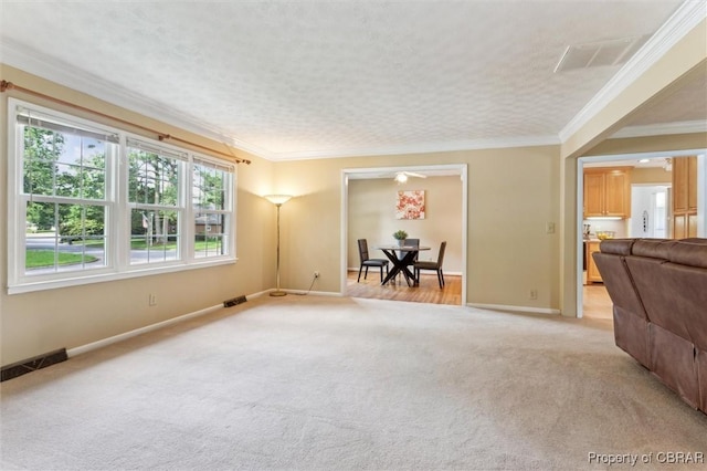 1 Beacon Cir, Hampton, VA 23664 - living room with light colored carpet, baseboards, and ornamental molding