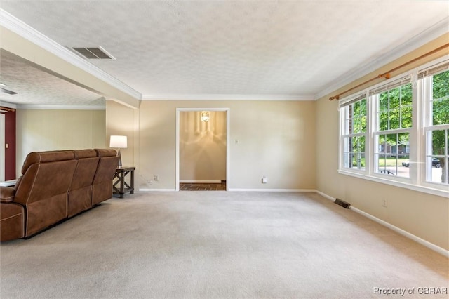 1 Beacon Cir, Hampton, VA 23664 - living area with carpet, baseboards, crown molding, and a textured ceiling