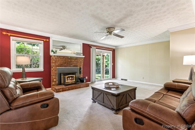 1 Beacon Cir, Hampton, VA 23664 - living room with a ceiling fan, carpet, ornamental molding, a textured ceiling, and baseboards