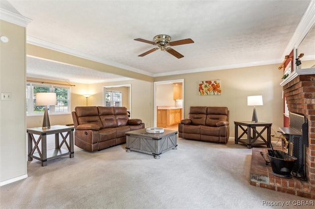 1 Beacon Cir, Hampton, VA 23664 - living room featuring carpet flooring, ceiling fan, baseboards, crown molding, and a fireplace