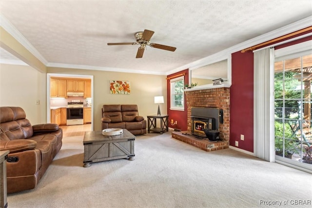 1 Beacon Cir, Hampton, VA 23664 - living area featuring ceiling fan, crown molding, light carpet, a wood stove, and a textured ceiling
