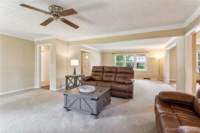 1 Beacon Cir, Hampton, VA 23664 - carpeted living room featuring baseboards, a ceiling fan, and ornamental molding