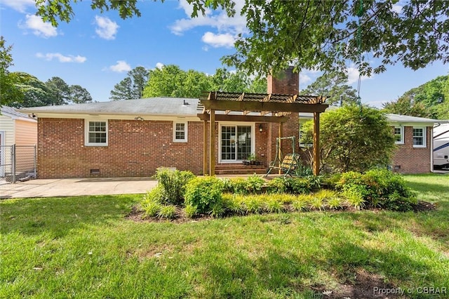 1 Beacon Cir, Hampton, VA 23664 - back of house featuring crawl space, brick siding, a pergola, a patio, and a chimney