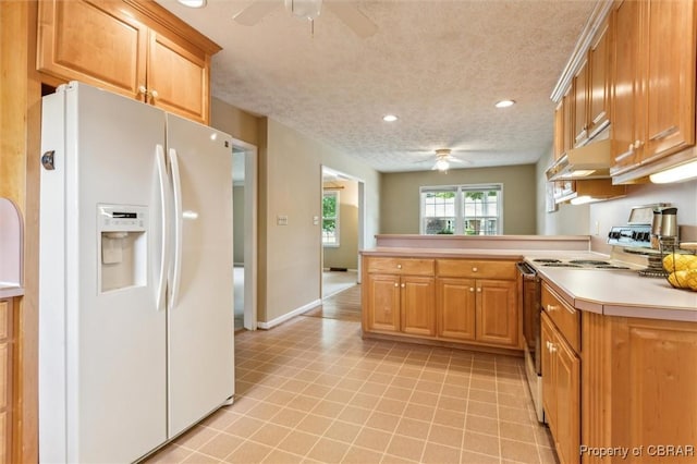 1 Beacon Cir, Hampton, VA 23664 - kitchen featuring white appliances, a ceiling fan, a peninsula, light countertops, and under cabinet range hood