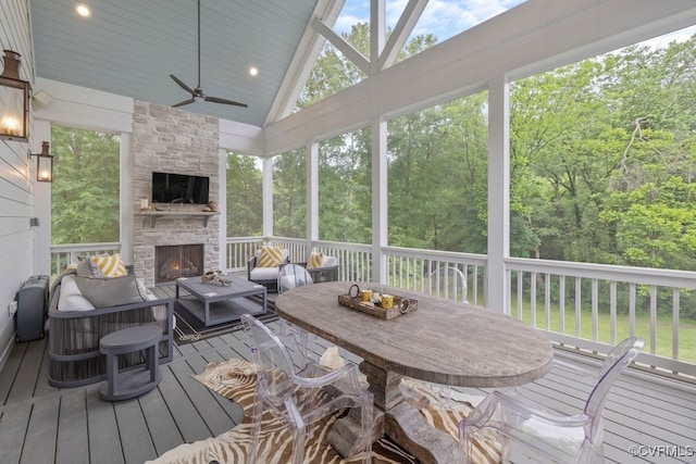 547 River Rd, Manakin Sabot, VA 23103 - sunroom featuring ceiling fan, an outdoor living space with a fireplace, and vaulted ceiling