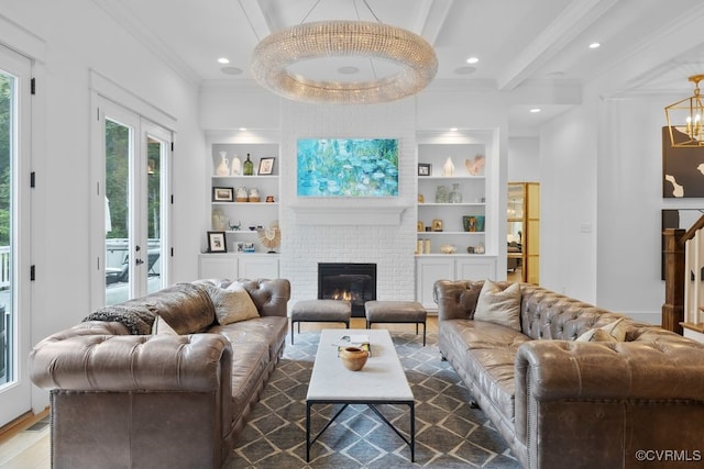 547 River Rd, Manakin Sabot, VA 23103 - living area with crown molding, a chandelier, built in features, beam ceiling, and a fireplace