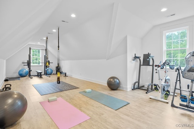 547 River Rd, Manakin Sabot, VA 23103 - workout area with vaulted ceiling, wood finished floors, and recessed lighting